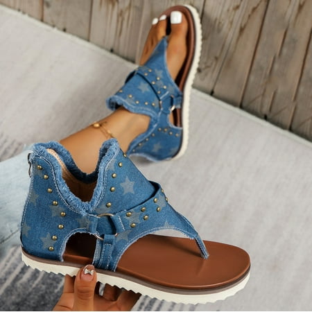 

Cathalem Sandals For Women Summer Fashion Star Print Flat Shoes Retro Flip Flops Star Print Studded Womens Sandals Wide Width Blue 6.5