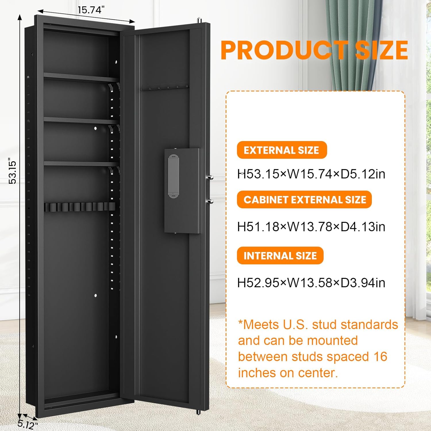53.15" Wall Safe Between the Studs, Biometric Fingerprint Hidden Safe with Dual Alarm System and Silent Mode, Wall Gun Safe with 3 Adjustable Shelves and Magnetic Slot (Black-Fingerpirnt)