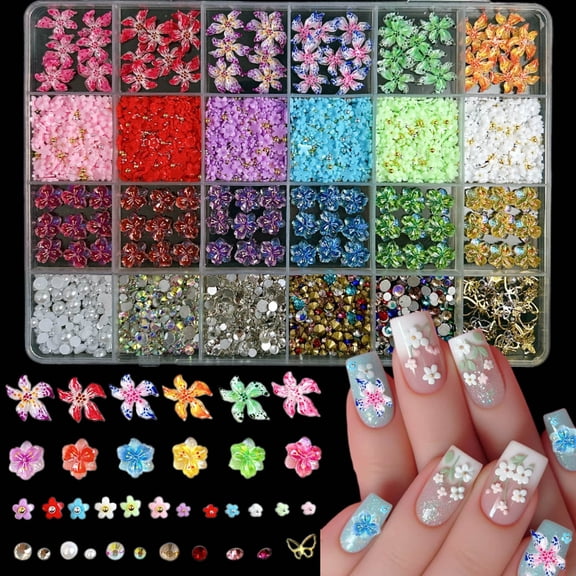 1 Box Of Colorful Multi Style Resin Flower Soft Lily Nail Charms Sparkling Rhinestone Flat Bottom Pearl Nail Art Decoration DIY Accessories