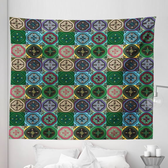 Colorful Tapestry, Pattern of Abstract Shapes Inspired by Stained Glass Style Traditional Vibrant, Fabric Wall Hanging Decor for Bedroom Living Room Dorm, 5 Sizes, Multicolor, by Ambesonne