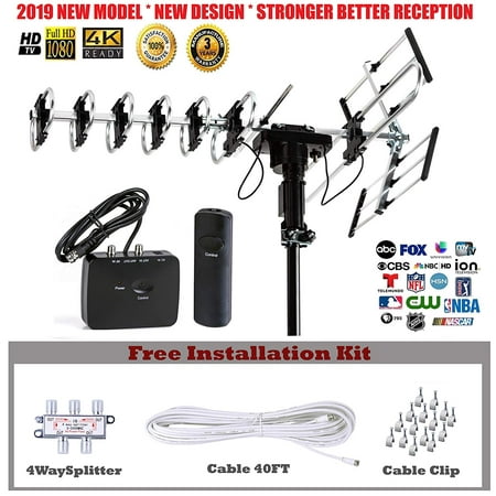 Five Star Outdoor Antenna 2019 Newest Model with smart chip to receive better stable signal Up to 200 Miles with Motorized 360 Degree Rotation, UHF/VHF/FM Radio with Remote Control Installation