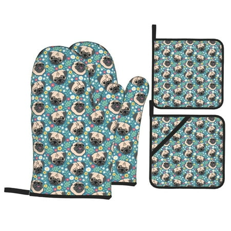 

Oven Mitts and Pot Holders Sets 4 pcs PUG HEAD And Flower Non-Slip Oven Gloves Potholders Soft Quilted Lining Heat Resistant Gloves Hot Pads for Kitchen Cooking Baking