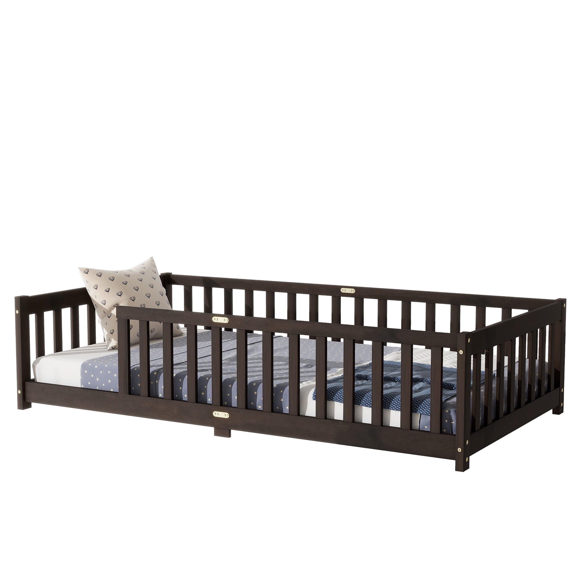 Twin Size Floor Bed with Fence, UHOMEPRO Montessori Floor Bed with Slats and Safety Guardrails, Solid Wood Twin Bed Frame for Bedroom, Espresso