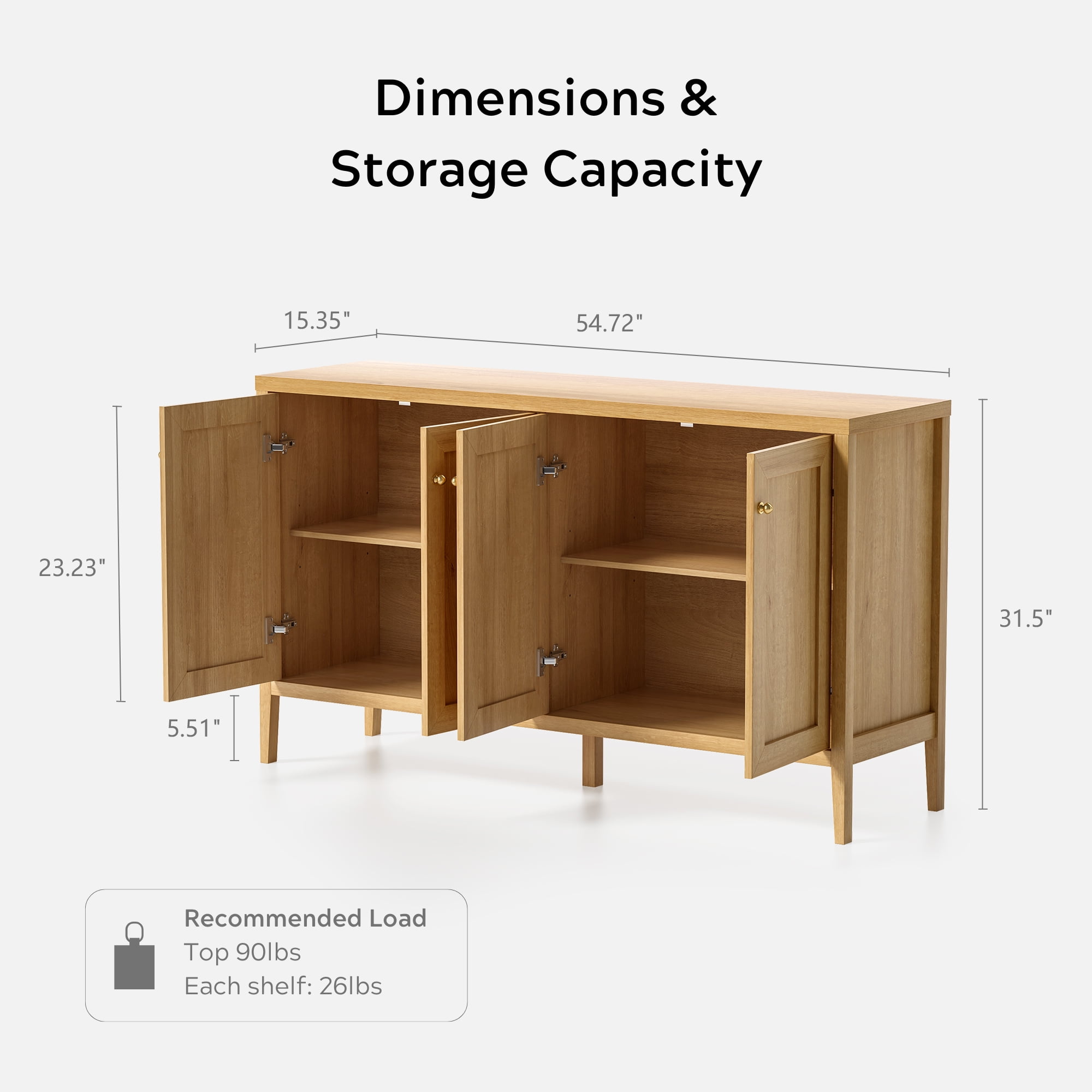 EYYTHUNG Farmhouse Storage Cabinet with 4 Doors, Adjustable Shelf Accent Cabinet, Modern Sideboard Buffet with Console Table Credenza for Living Room Kitchen, Natural Oak