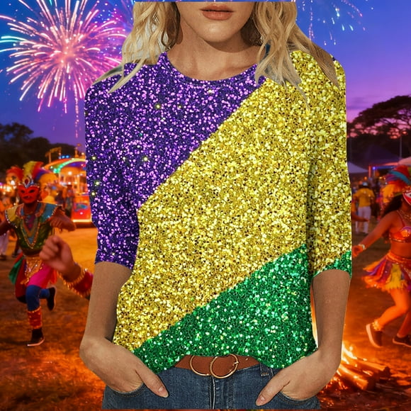 Fartey T-Shirts Mardi Gras pour Femmes T-Shirts Graphiques Tendance Coupe Ajustée Manches 3/4 Tuniques Hauts Mode à Thème Carnaval Col Rond Blouses Multicolore P