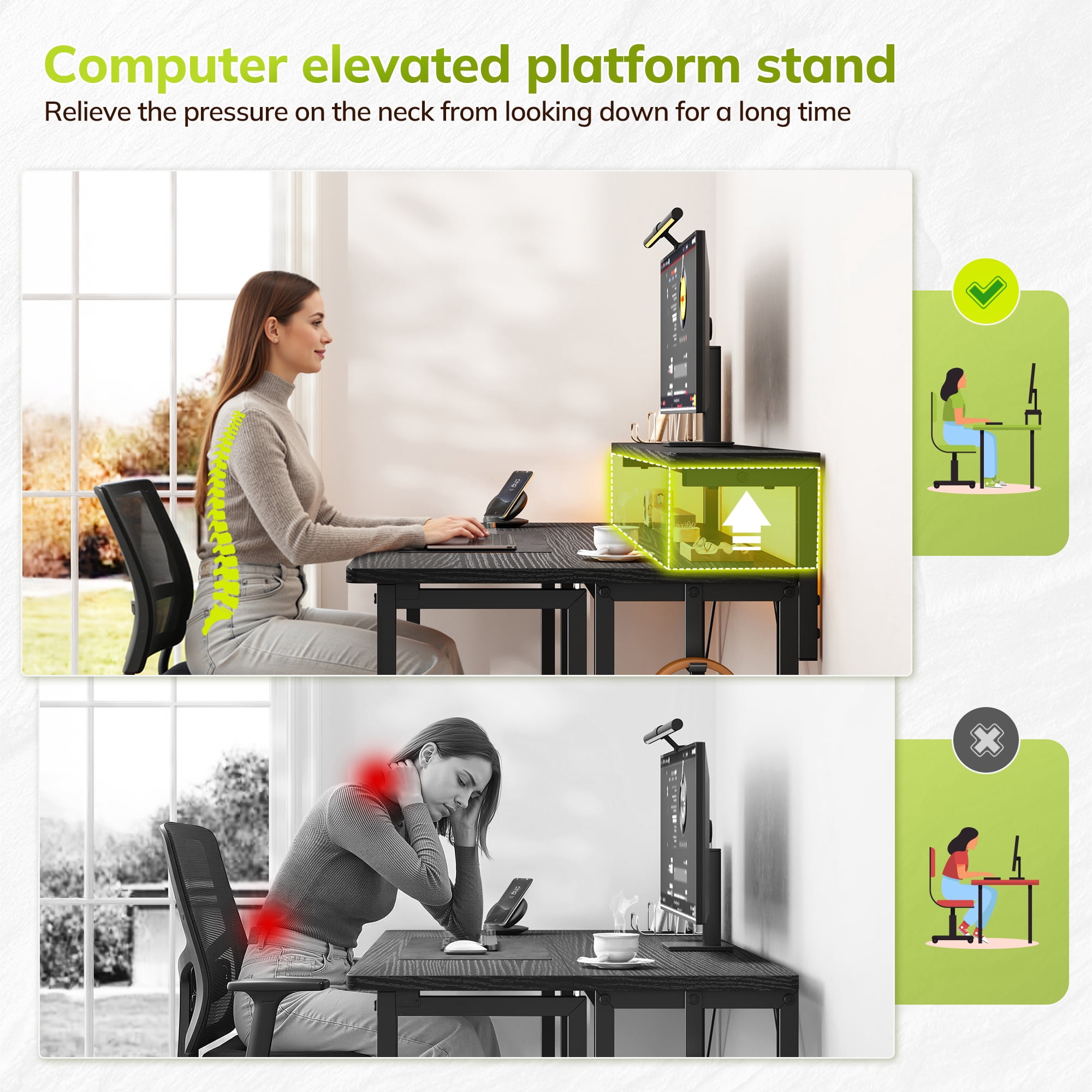 Romorgniz 31.5"D Folding Desk with Monitor Stand, Computer Desk with LED Lights & Hooks, Office Desk for Bedroom, Black