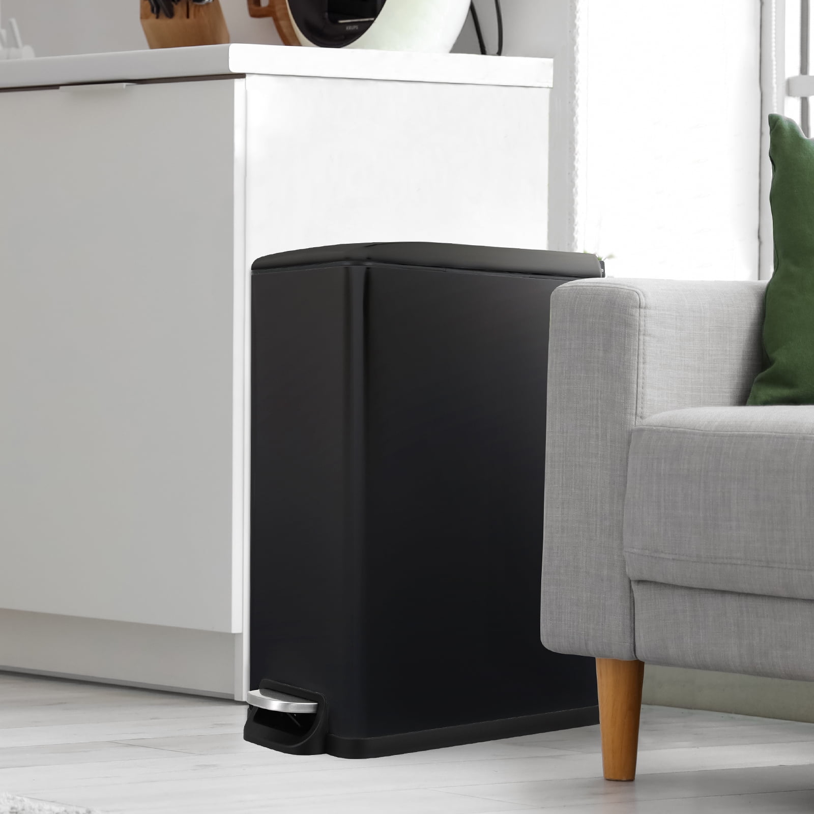 Pirecart 13.2 Gallon Slim Trash Can, Stainless Steel Kitchen Step Garbage Can, Black