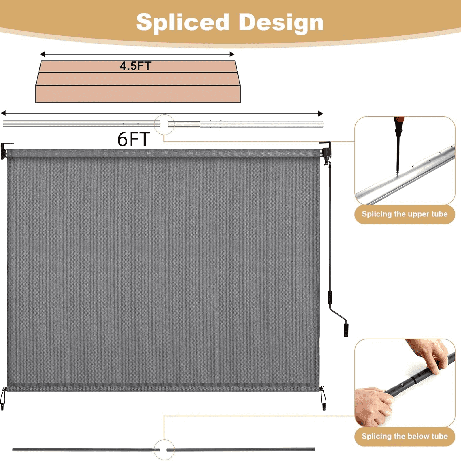 TLGREEN Outdoor Roller Sun Shade 8' x 8', HDPE Shade Cloth, Aluminum Tube (Gray)