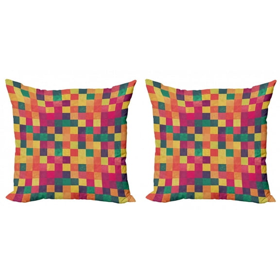 Abstract Throw Pillow Cushion Cover Pack of 2, Vintage Geometric Style Pattern with Colorful Grunge Design Squares Graphic, Zippered Double-Side Digital Print, 4 Sizes, Multicolour, by Ambesonne