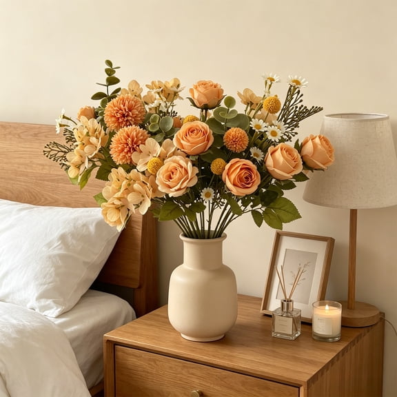 Mixed Artificial Flower Bouquet Faux, Silk Roses Floral Arrangement, Fall Seasonal Home Decor, Thanksgiving Table Centerpiece Wedding Party Decoration