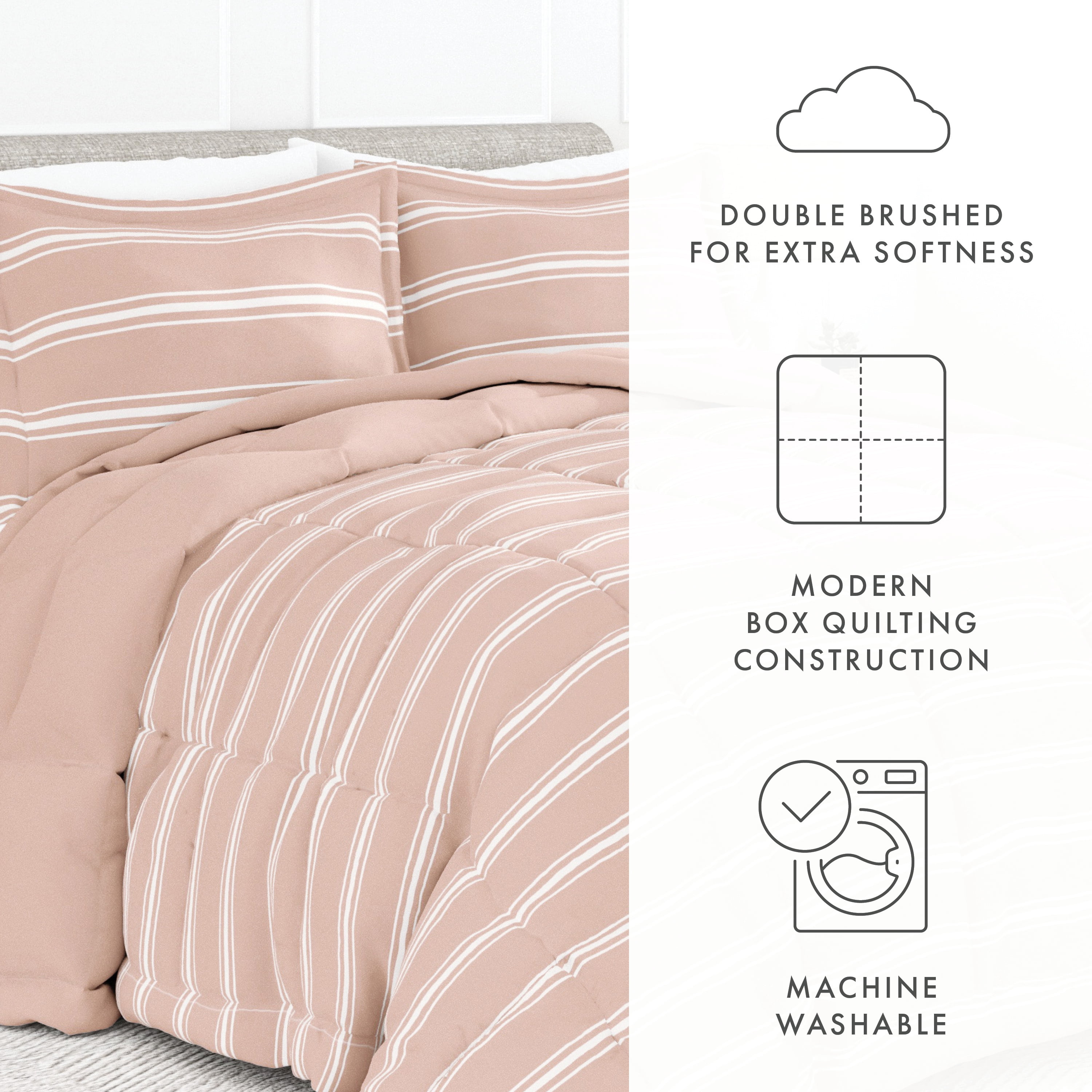 Noble Linens 3-Piece Rose Soft Stripe Reversible Print Comforter Set, King/CalKing