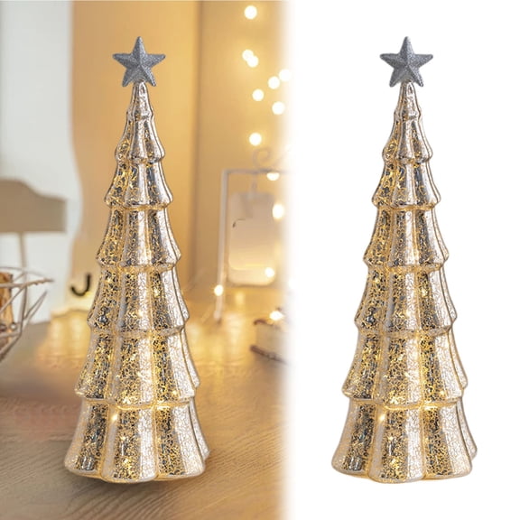 Illuminated Glass Christmas Tree Figurine, LED Light‑Up Mercury Glass Tabletop Tree, Battery Operated Xmas Centerpiece for Mantel Home Holiday Decoration