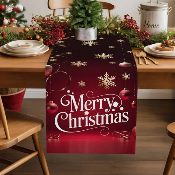 Red Theme Xmas Ball Table Runner 13x90 Inch Starry Merry Christmas Gold Snowflakes Table Runners Dresser Scarves Winter Holiday Kitchen Dining Table Decoration for Home Party Indoor