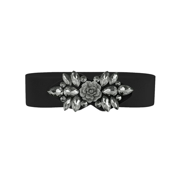 Cinturones elásticos para mujeres, banda de cintura de rosa vintage elegante con strass para vestido abrigo 90x6cm/35.4x2.4" banda negra-negra