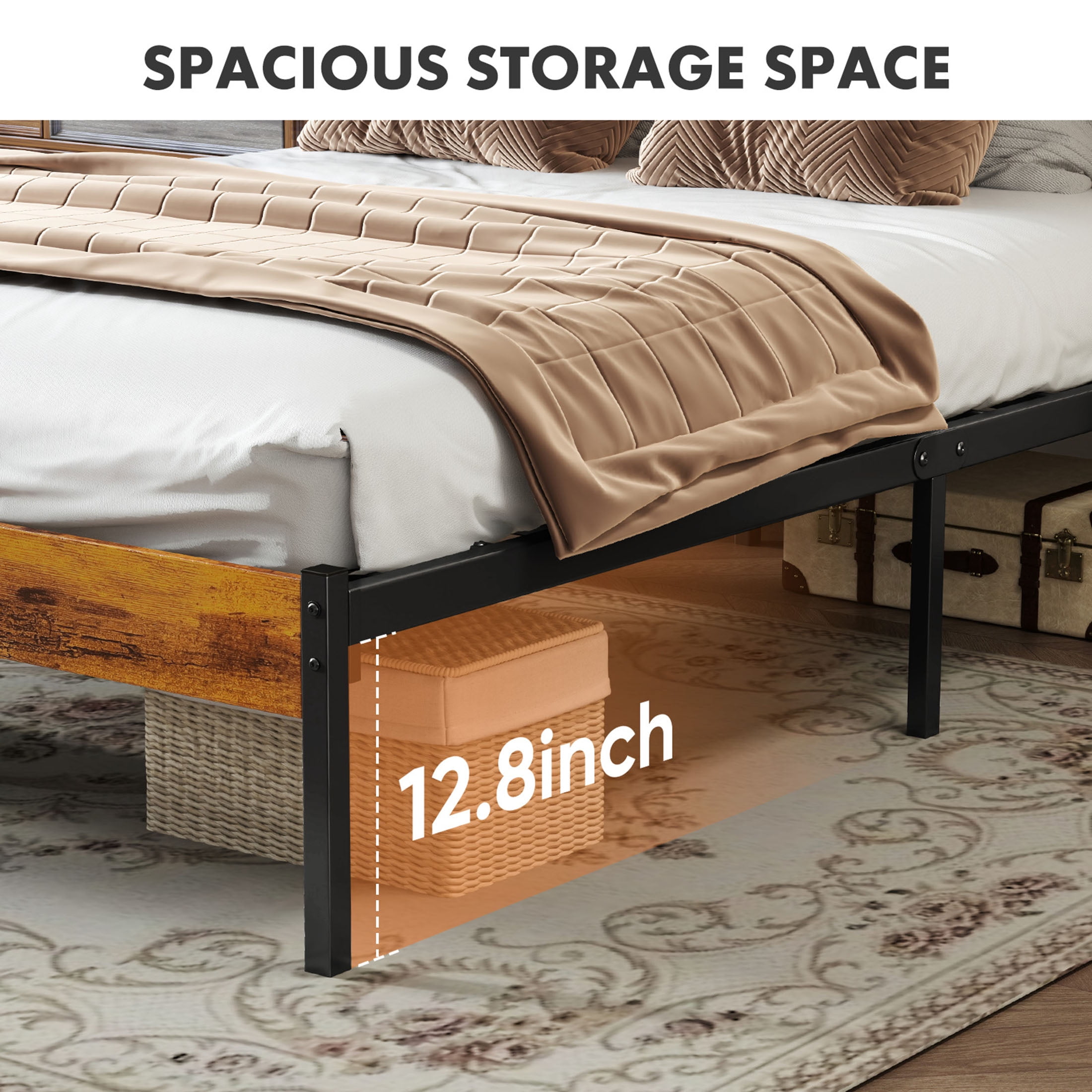 EDX Full Size Metal Bed Frame with Industrial Wooden Headboard, Ample Storage, Noise-Free Design, Sturdy Steel Slat Support, Rustic Brown