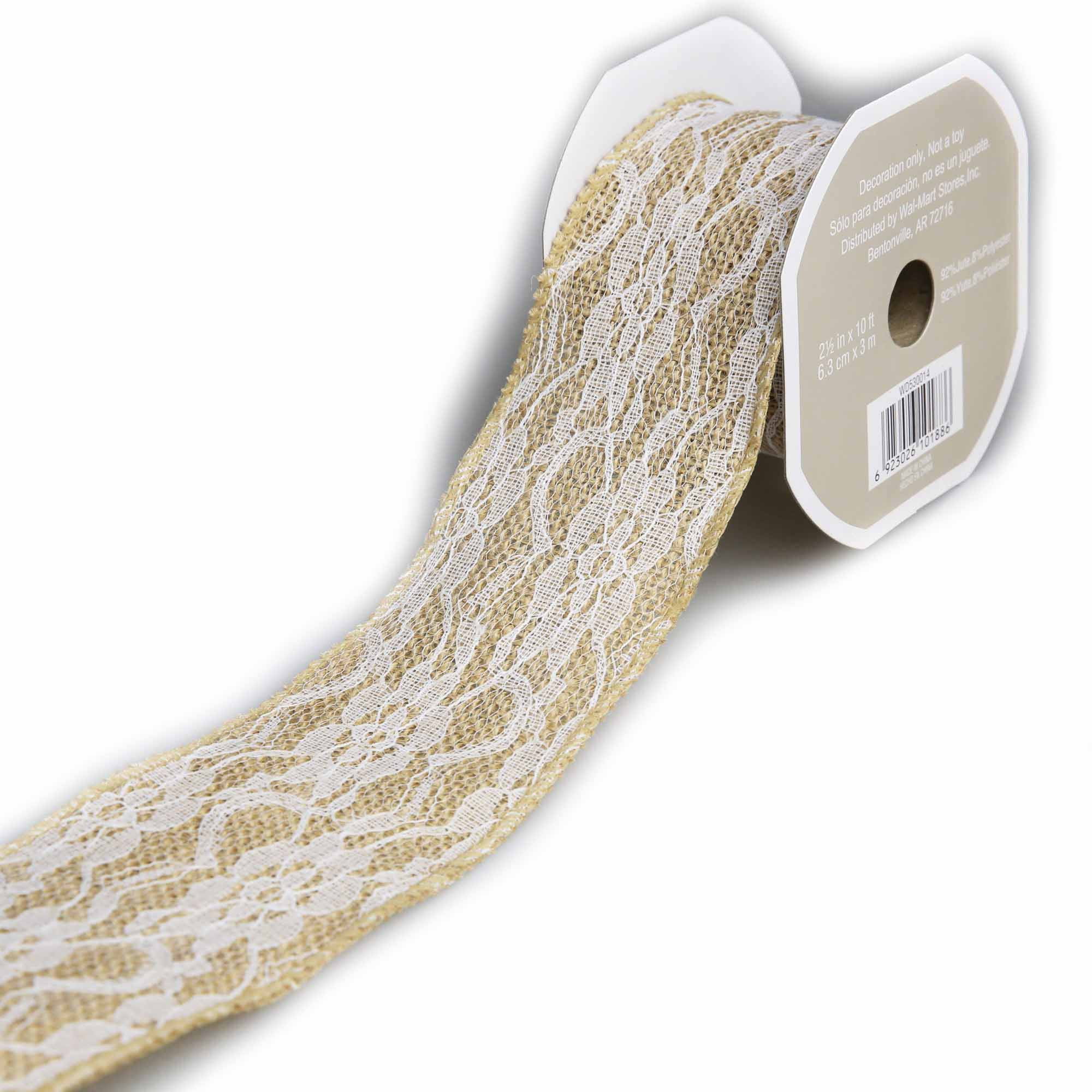 Wired Burlap Ribbon with Full Lace, 1 Each