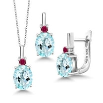 Gem Stone King 6.18 Ct Sky Blue Topaz Red Created Ruby 925 Sterling Silver Pendant and Earrings Jewelry Set