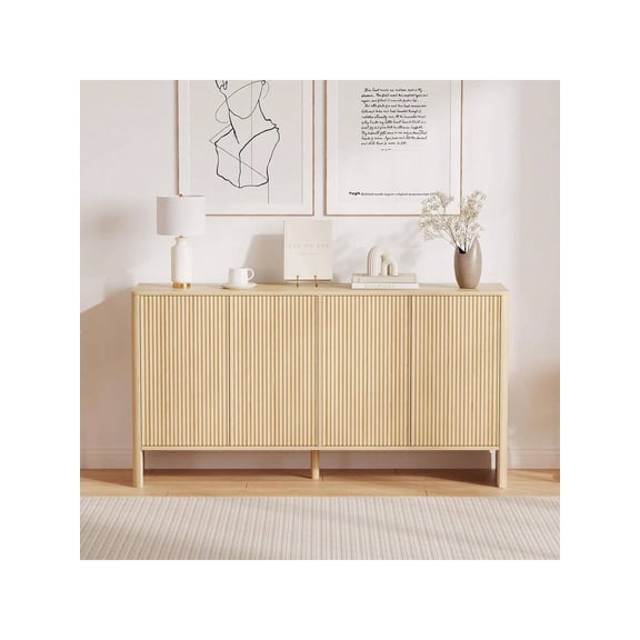 58'' Modern Sideboard Buffet Cabinet With Fluted 4 Doors And Adjustable Shelves, Wood Credenza Coffee Bar Storage Cabinet, Console Table With Storage For Kitchen Dining Living Room- Natural Fluted S