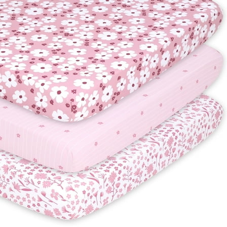 The Peanutshell Pack n Play, Mini Crib, Portable Crib or Fitted Playard Sheets for Baby Girl, Pink Daisy, 3 Pack Set
