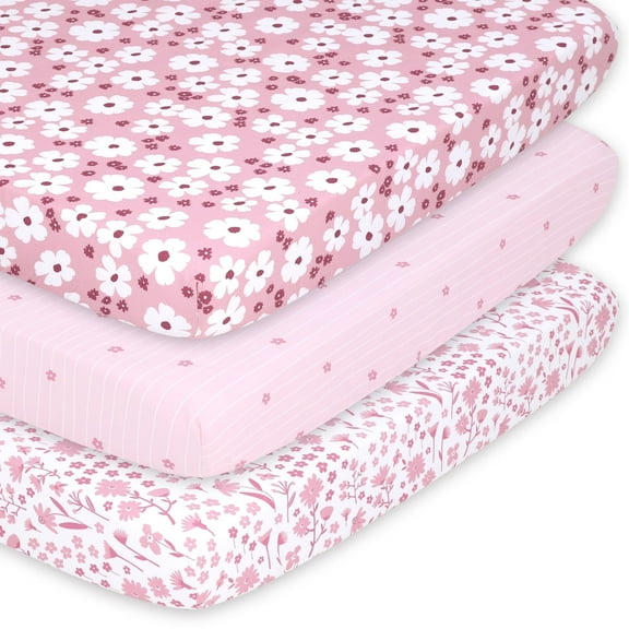 The Peanutshell Pack n Play, Mini Crib, Portable Crib or Fitted Playard Sheets for Baby Girl, Pink Daisy, 3 Pack Set
