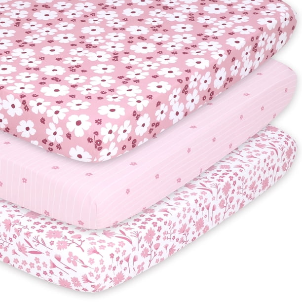 Sábanas Ajustables para Cuna Portátil The Peanutshell Floral Rosa Juego de 3 piezas