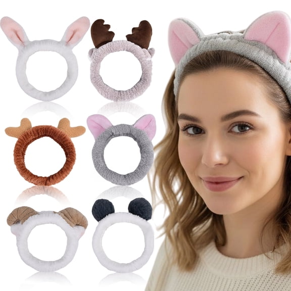 6 Pcs Animals Ears Spa Headband for Washing Face, Cute Hair Band for Shower Yoga Beauty Skincare, Soft Fluffy Makeup Headband for Woman Girls