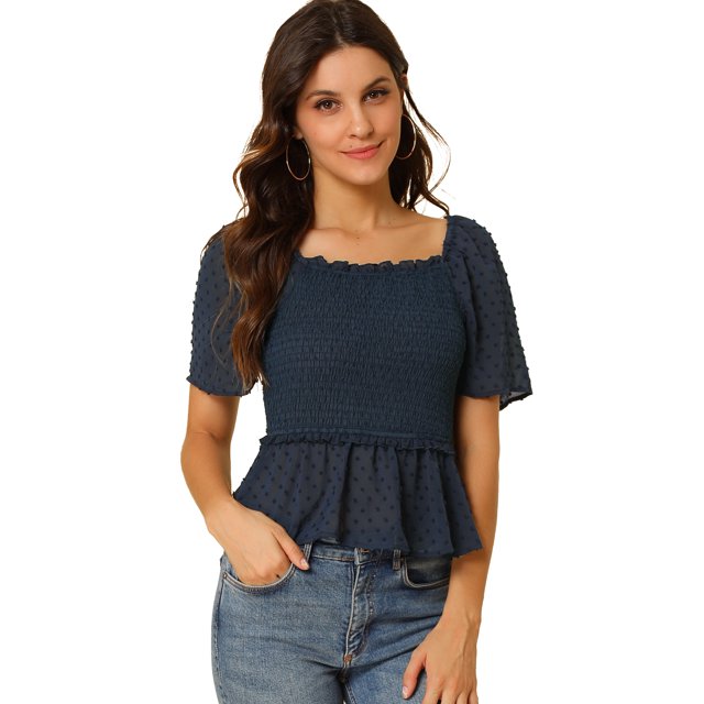 Unique Bargains Femmes à Volants Peplum Col Carré Flare Manches Courtes Récolte Blouse Blouse Blouse Blouse Blouse