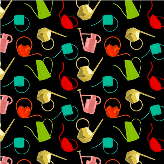 Blank Quilting You Grow Girl Watering Cans Black Fabric By The Yard