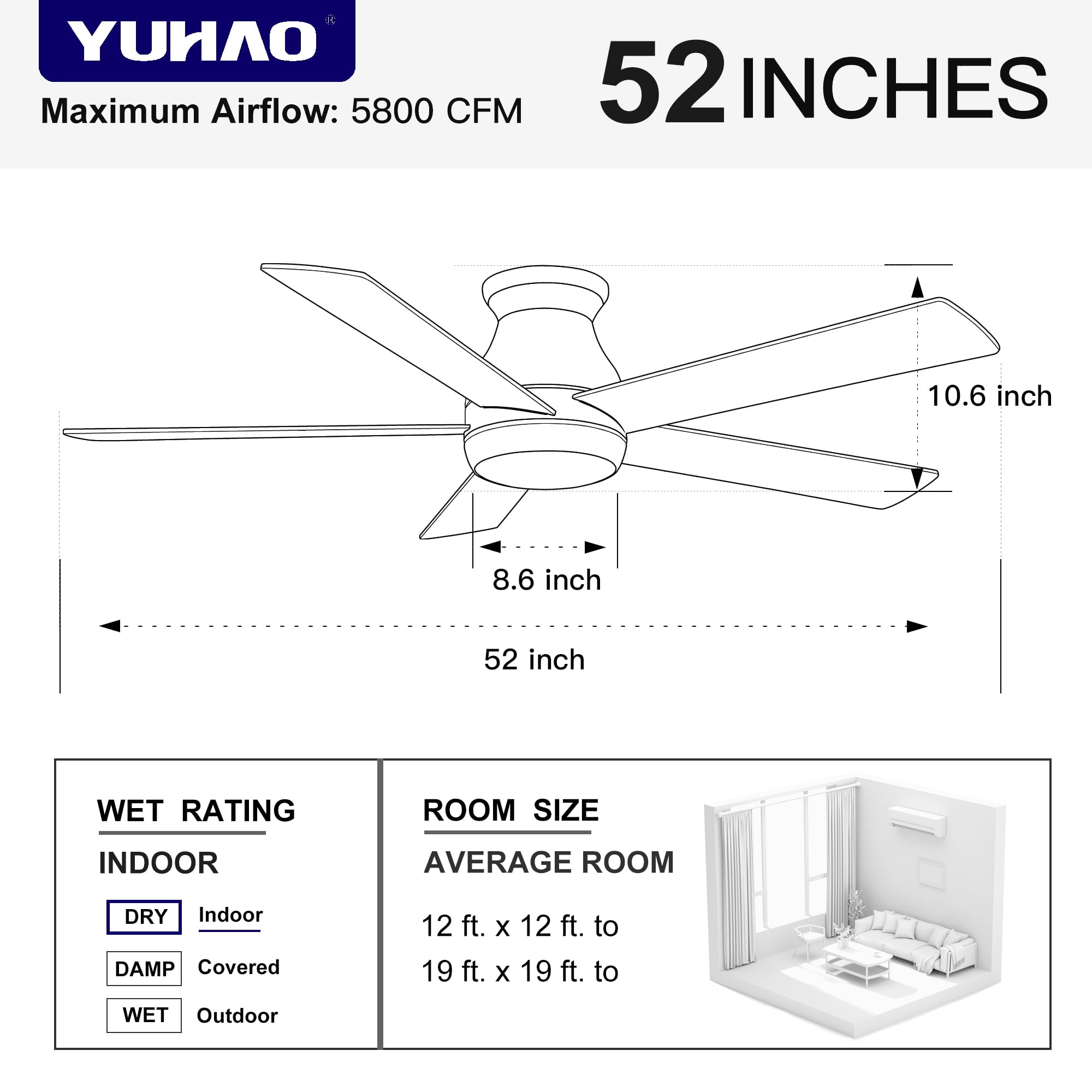 Wellspeed 52 in. Indoor Integrated LED Brushed Nickel Low Profile Ceiling Fan with 5 Plywood Blades