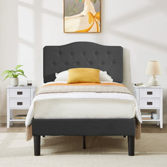 VECELO 3-Piece Bedroom Sets with Twin Upholstered Bed Frame and 2 White Nightstands
