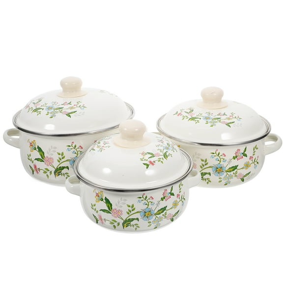 Enamel Stockpot With Lid, 16cm 18cm 20cm Retro Cooking Pot, Vintage Floral Stew Bean Simmer Pot With Handle, Kitchen Soup Pot, Safe For Induction Cookers, Gas Stove 3pcs