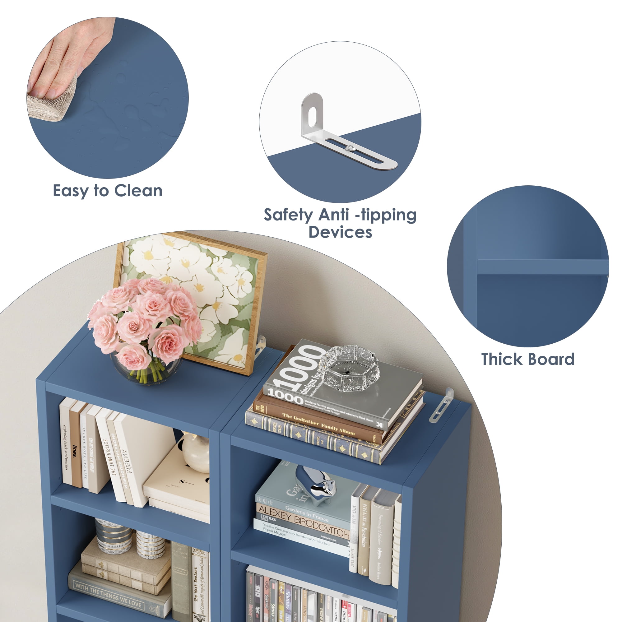 Homfa 8-Tier Media Tower, CD DVD Media Storage Unit with 4 Adjustable and 3 Fixed Shelves for Living Room Bedroom, 2PCS, Blue