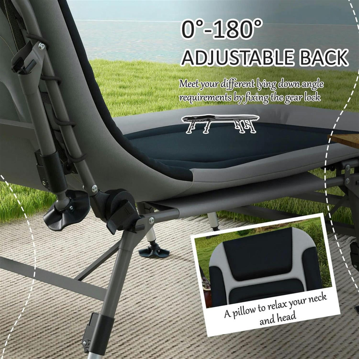 Demi Bonn Heavy Duty Camping Cot, Outdoor Portable Folding Bed with Comfortable Padded Cushion, 180° Reclining Backrest, 400 lbs Weight Limit, Gray