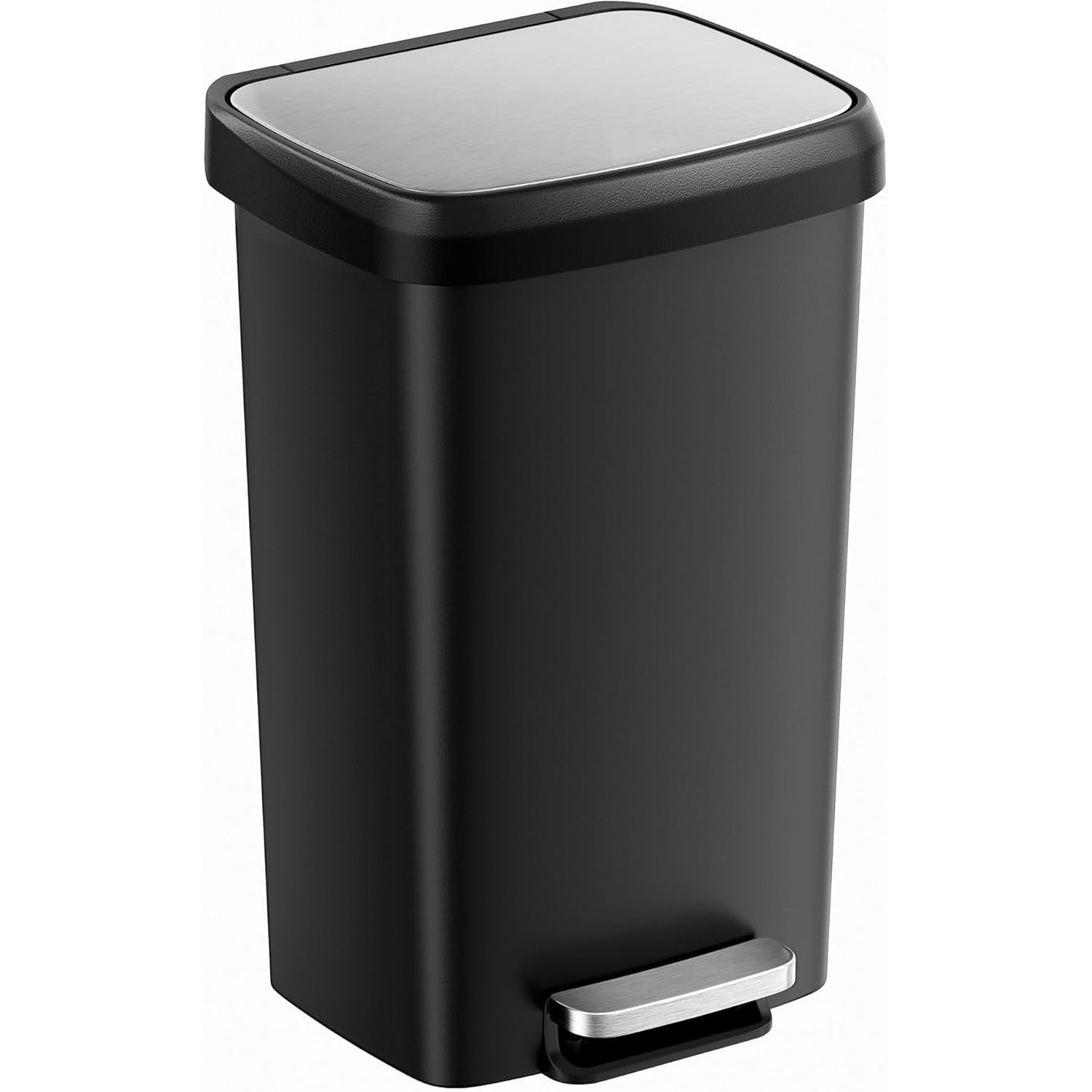 Plastic Kitchen Trash Can, 12-Gallon (45 L) Garbage Can with Stainless Steel Lid, Soft Close, Ink Black