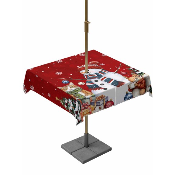 Outdoor Tablecloth with Umbrella Hole and Zipper, Red Christmas Square Table Cloth 60x60 Inch Waterproof Tablecloth, Snowman Pine Tree Animals Winter Snowflake Picnic Table Cover for Patio Camping