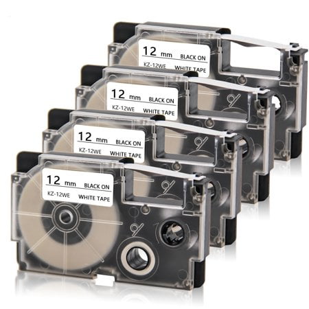 Absonic 4-Pack Compatible Label Maker Tape Replacement for Casio XR-12WE XR-12WE2S Label It Tape Cartridge 12mm Black on White for KL-100 KL-120 KL-60 KL-7000 KL-7200 KL-750B KL-780 EZ Label Printer