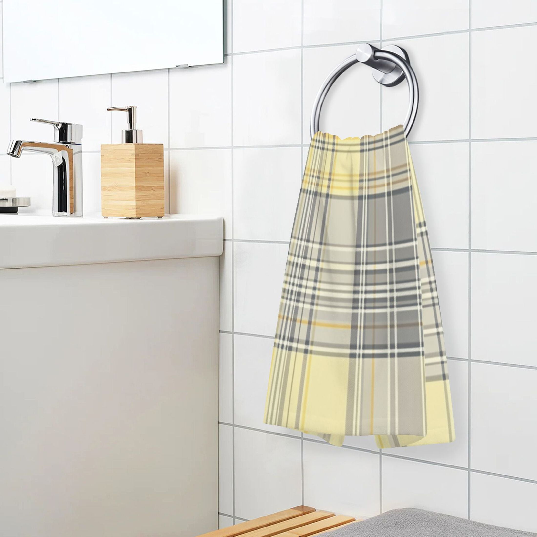 2 Pcs Absorbent Face Towel Bath Hand Towels Soft Breathable Cotton Towel Set for Bathroom Kitchen Hotel Spa Decor Light Yellow and Grey Tartan