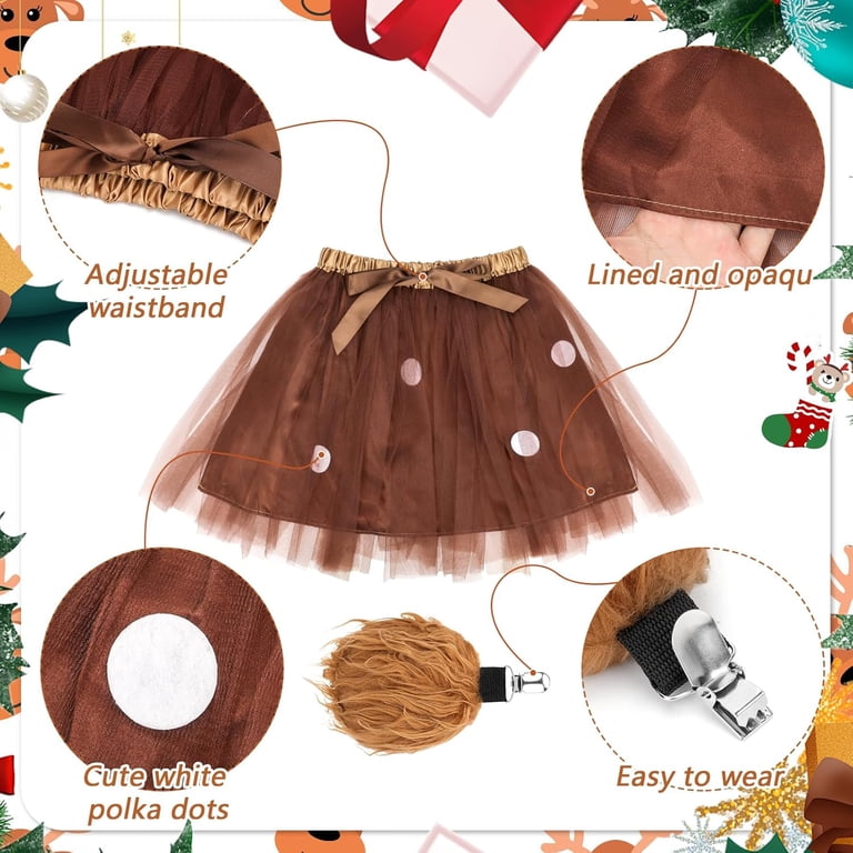 Petitebella Reindeer Costume For Kids - 5-Piece Set With Headband, Tutu, Tail & Gloves (Brown Snowflake)