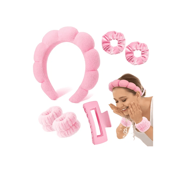 Kit 6pzs Diademas Para Maquillaje Y Muñequeras Skincare Spa Xtellar rosa