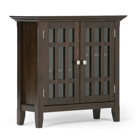 Simpli Home Bedford 32 inch Wide Solid Wood Transitional Low Storage Media Cabinet in Dark Tobacco Brown
