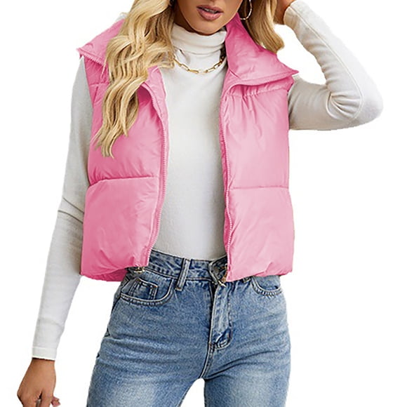 Amzcrzy Puffer Vest Women Women's Short Style Solid Color Down Slim High Neck Loose Quilted Vest Women Puffy Vest Women Down Vest Fleece Vest Women Women's Outerwear Vests Women's Clothing