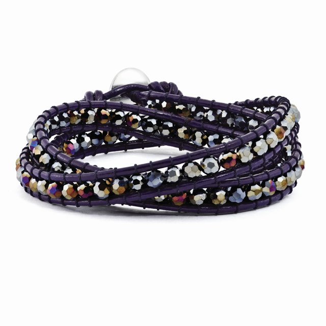 Dark Grey Aurora Borealis Crystals Bead Leather Multi Wrap Bracelet Adjustable Stretch Natural Stone Shell Wood