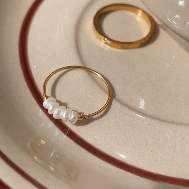 Anillo fino de perla pequeña barroca natural de estilo Anillo de acero de titanio Nicho No se desvanece Otoño e invierno