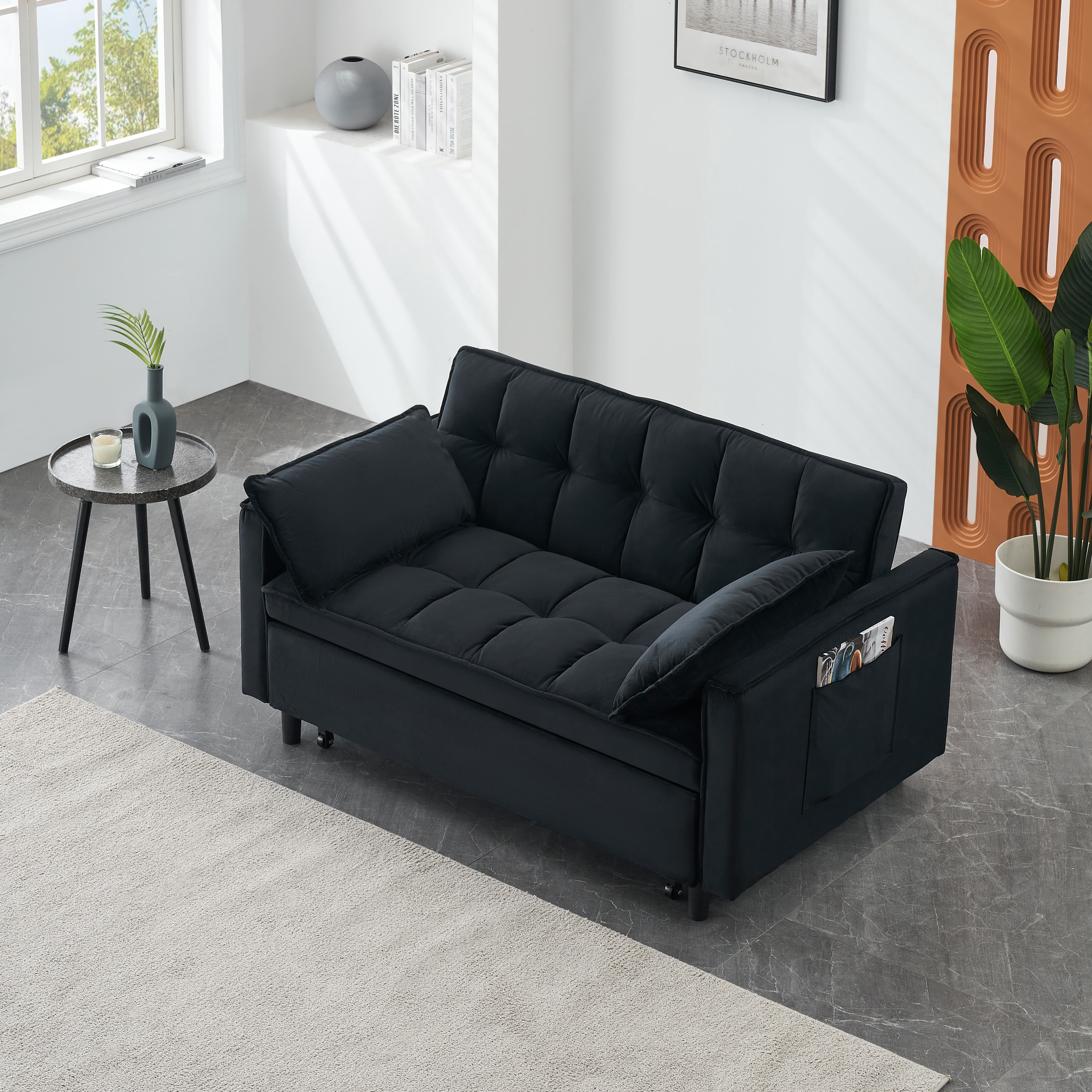 MAYEERTY 3 In 1 Convertible Sleep Sofa Bed, Pull Out Velvet Sleeper Sofa Small Loveseat, for Apartment, Living Room, Small Space, Black