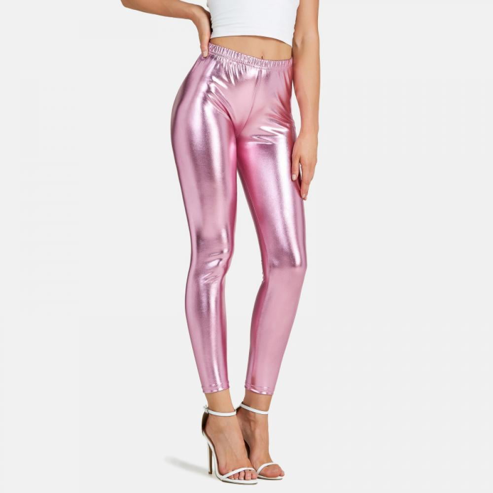 Baywell Women's Shiny Holographic Leggings Liquid Metallic Pants Iridescent  Tights Pink S-XL