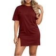 thumbnail image 2 of Yteetum Summer Dresses for Women Plus Size Short Sleeve Crewneck Split Hem T Shirt Dress Womens Casual Solid Round Neck Loose Fits Lightweight Comfy Mini Dress, 2 of 9