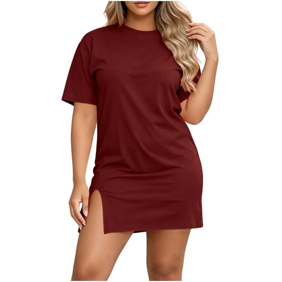 zbxnLI Casual Dress for Women Short Sleeve Mini Sundress Comfy Crew Neck Summer Loose Basic T Shirts Dresses