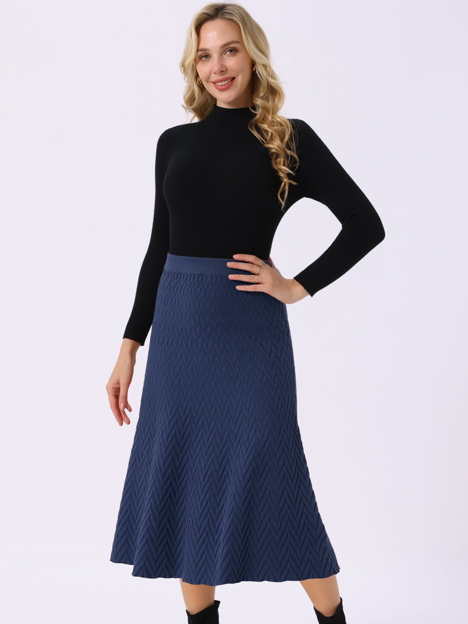 DARING DIVA Women's A-Line Skirts Stretchy Sweater Midi Skirt L Navy Blue