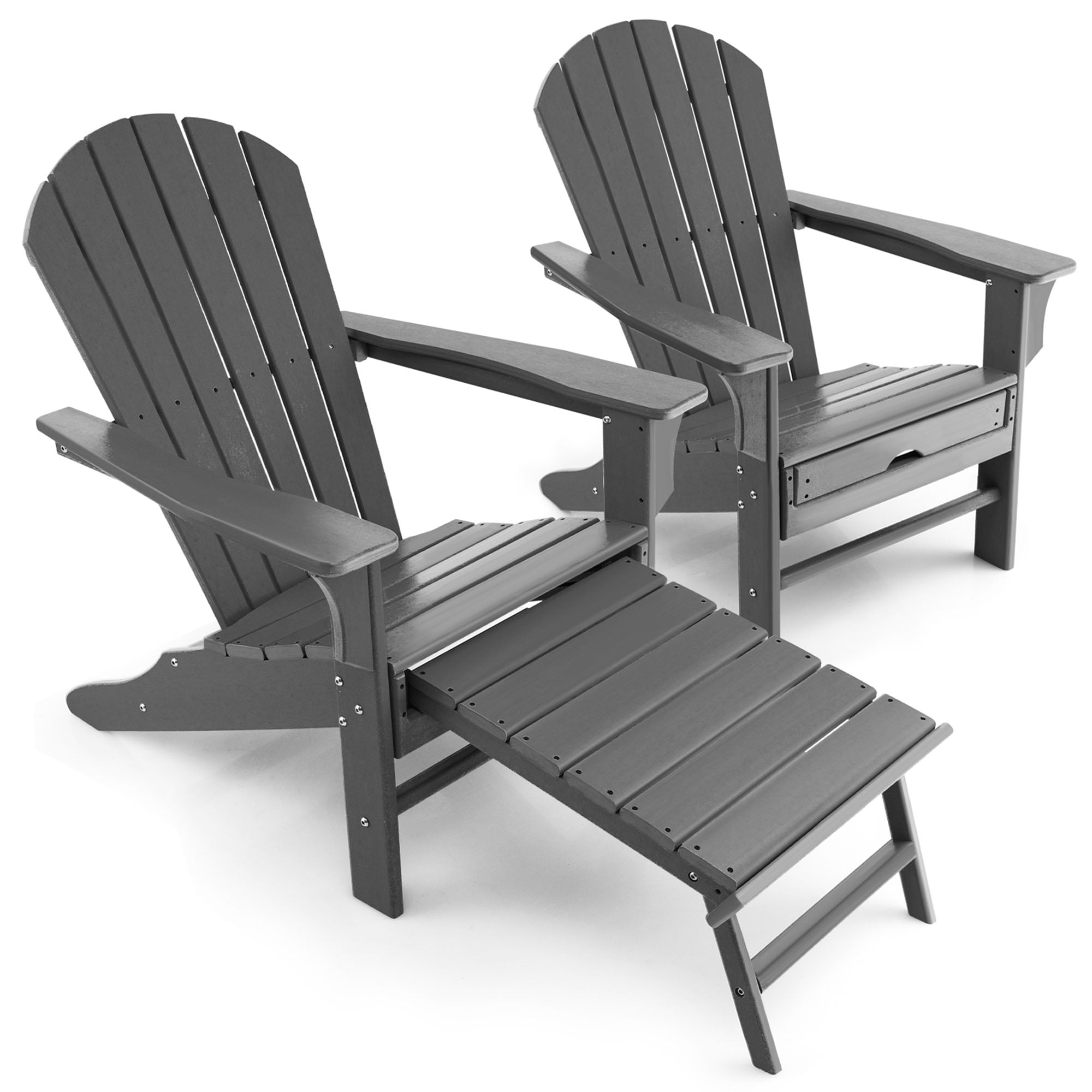 Gymax Patio Adirondack Chair HDPE Outdoor Lounge Chair w/ Retractable Ottoman Grey