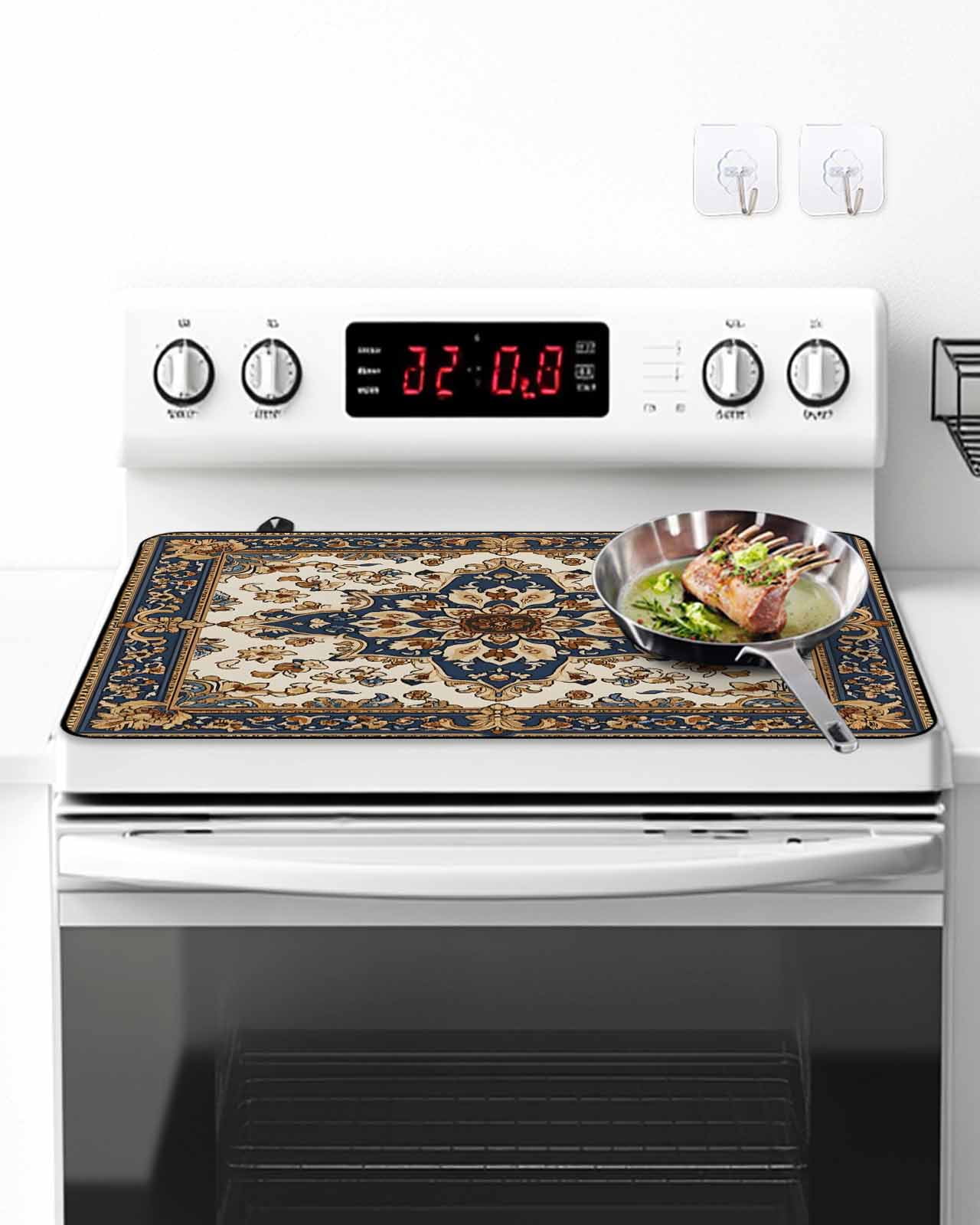 Stove Top Covers for Electric Stove, Boho Ethnic Glass Stovetop Cover Protector, Vintage Bohemian Traditional Floral Classic Induction Cooktop Protector Oven Mat for Kitchen Countertop 24"x21"